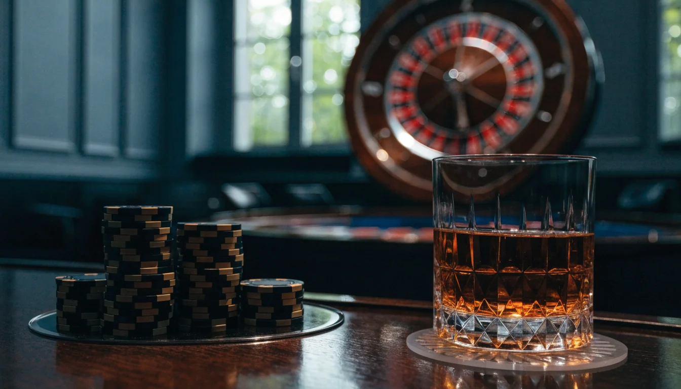 Lyxig casinomiljö i Stockholm med staplar av marker och roulettebord