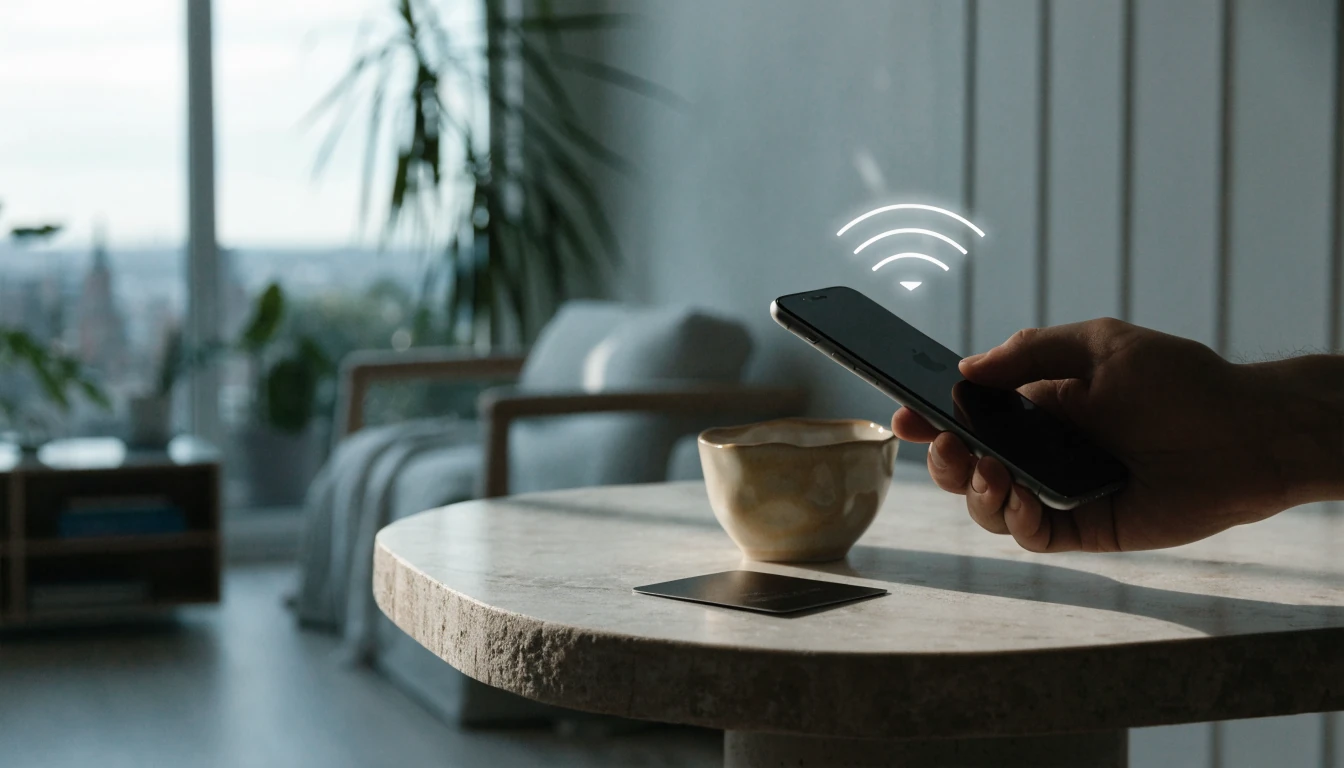 Hand med iPhone och Apple Pay-betalsymbol i modernt skandinaviskt vardagsrum