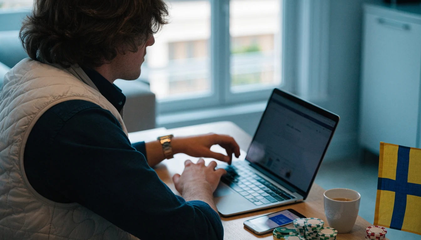 Person som betalar via e-plånbok på dator och telefon hemma