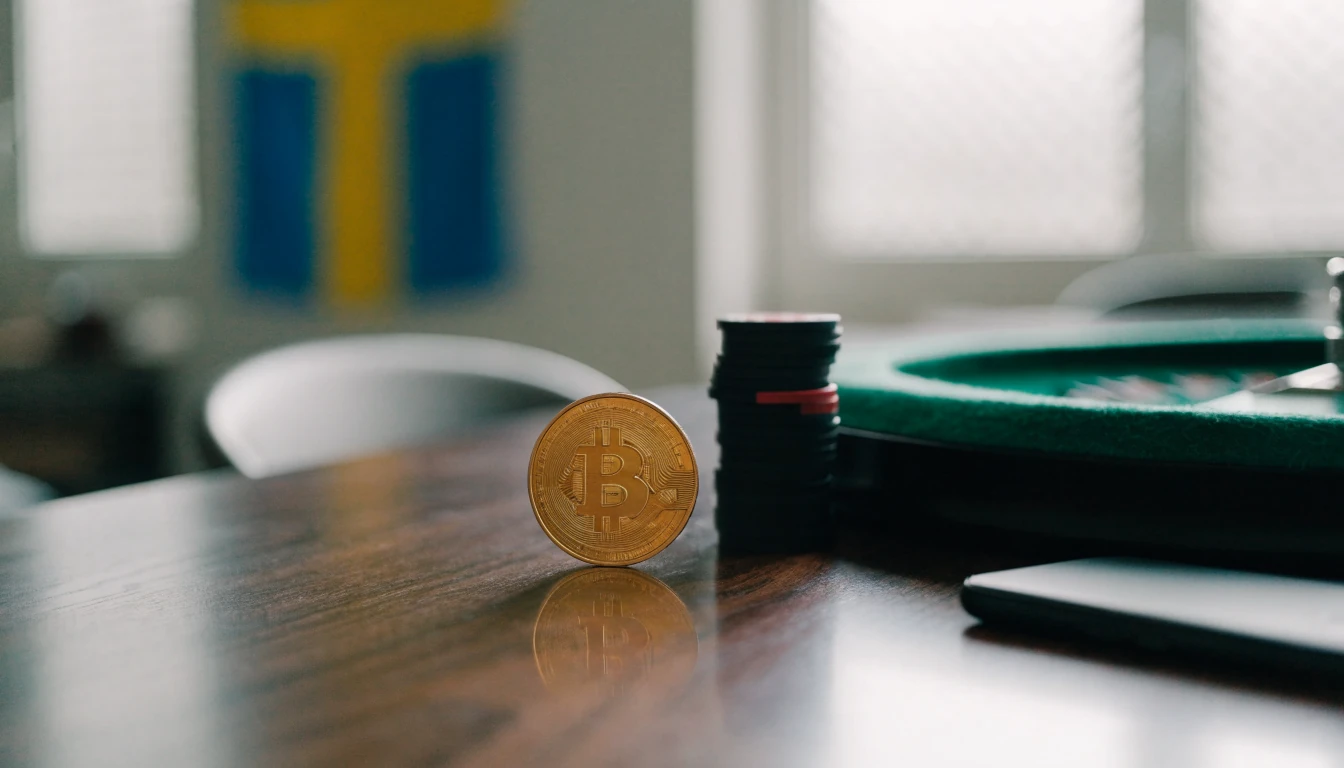 Bitcoin-mynt, casinokakor och roulette på ett nordiskt bord