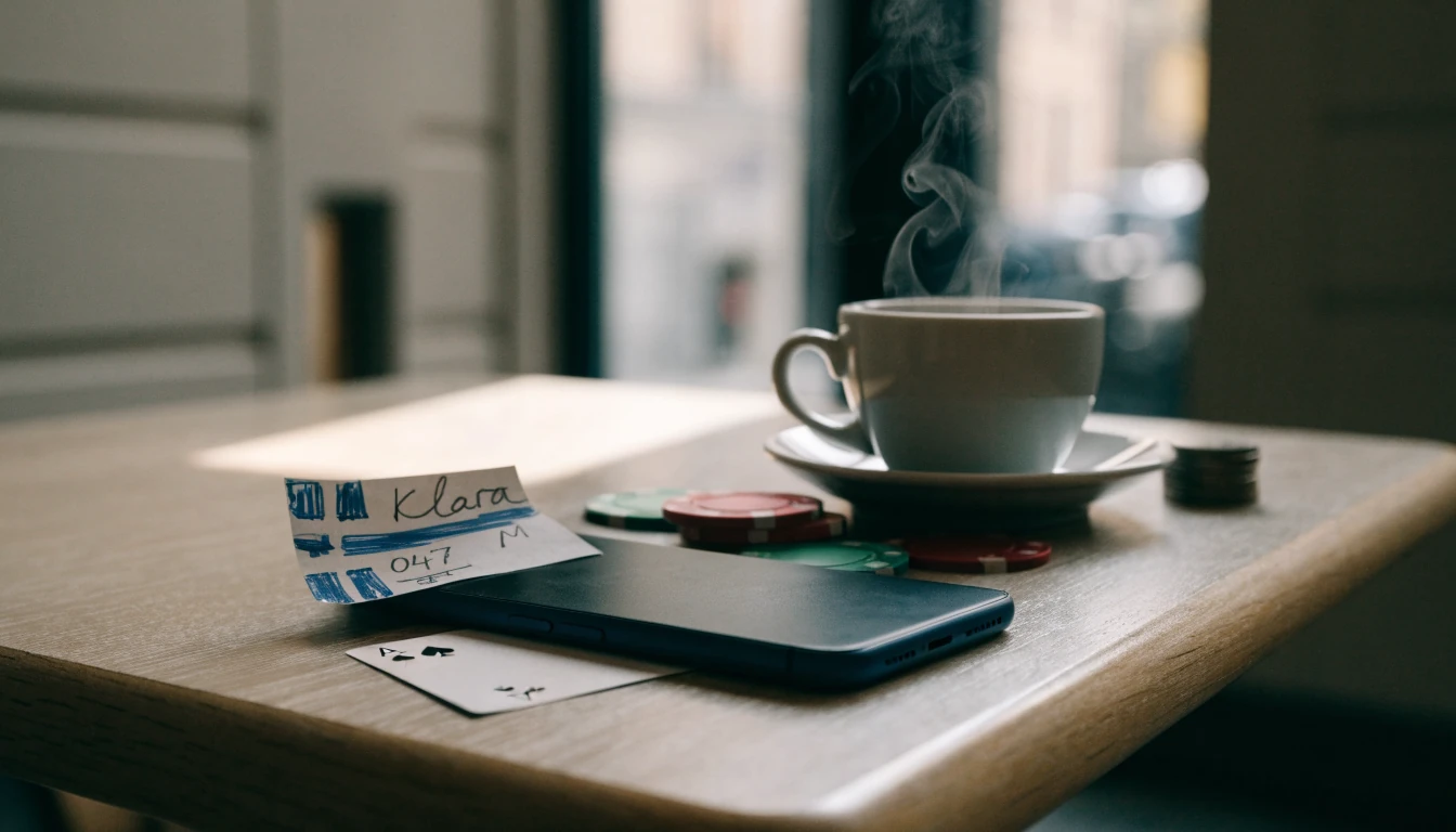 Smartphone vid träbord med casinofigurer och svensk kontext