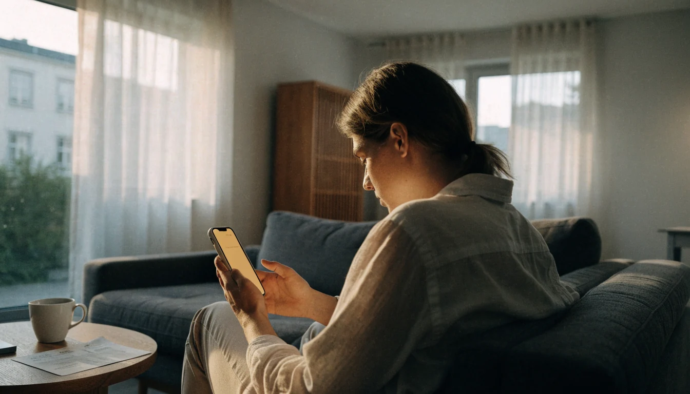 Person i svensk vardagsrum med mobiltelefon och pappersfaktura på bordet