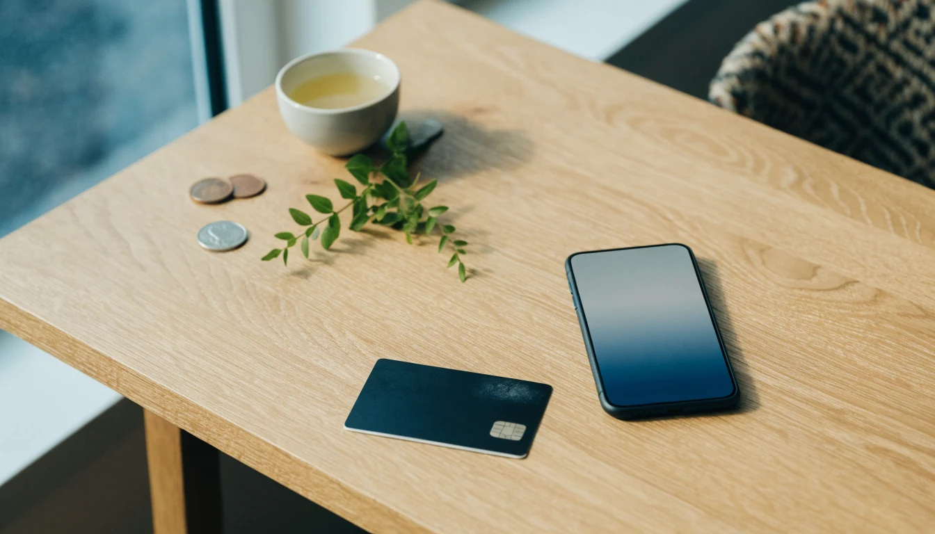 Smarttelefon och betalkort på minimalistiskt svenskt skrivbord med mynt