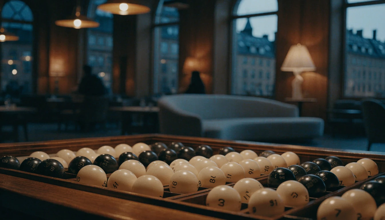 Elegant svensk casinomiljö med kenobollar i en träram under varm belysning