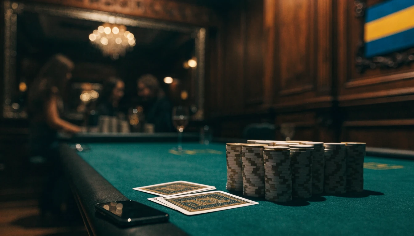 Svensk casinomiljö med kortspelsbord och marker