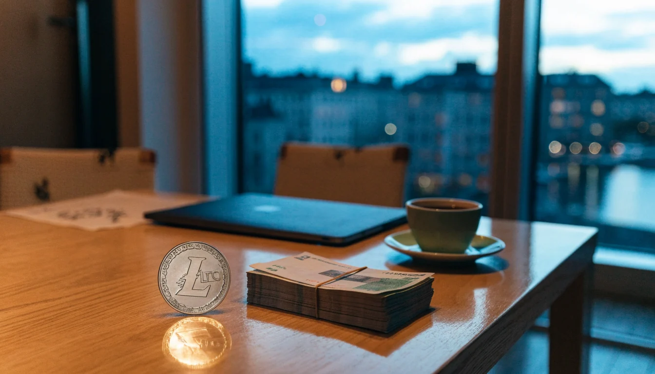 Fysiskt Litecoin-mynt och svenska kronor på ett bord i en modern lägenhet