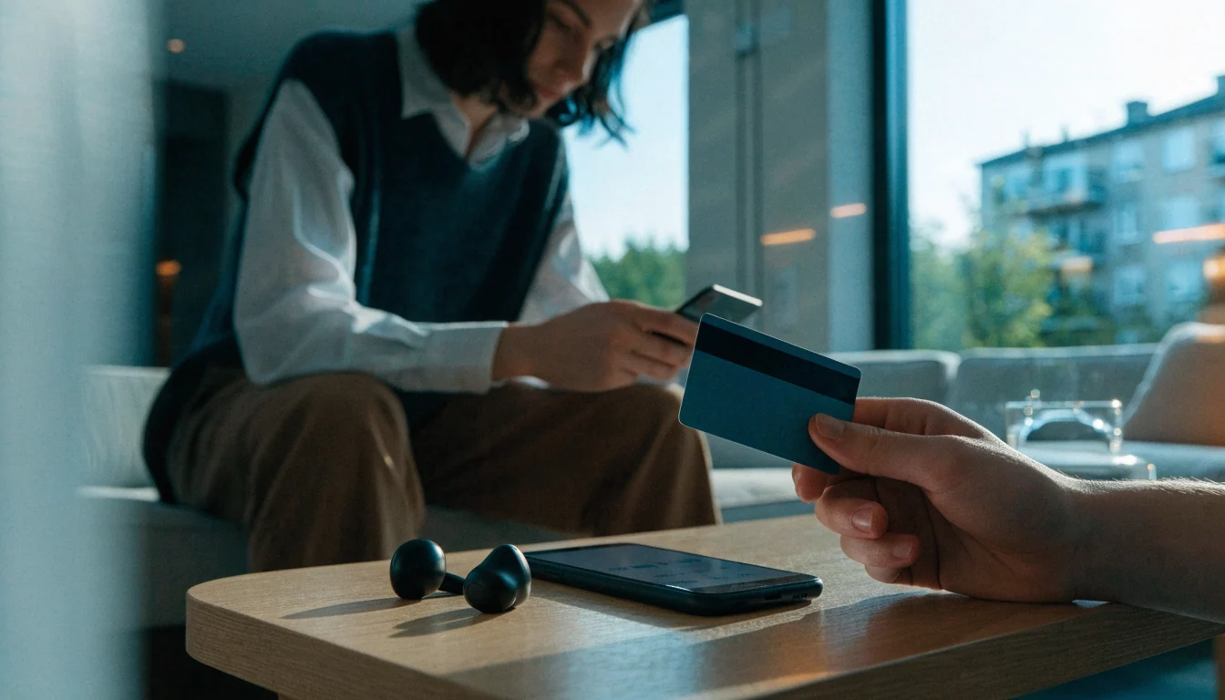 Hand håller Mastercard och smartphone i modernt Stockholm-hem