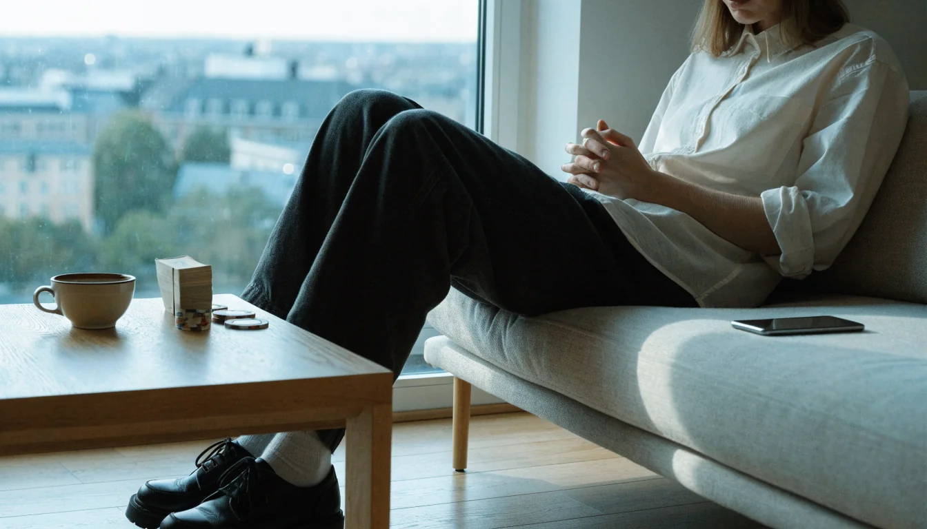 Person i modernt skandinaviskt vardagsrum med telefon och casinomarker på bordet