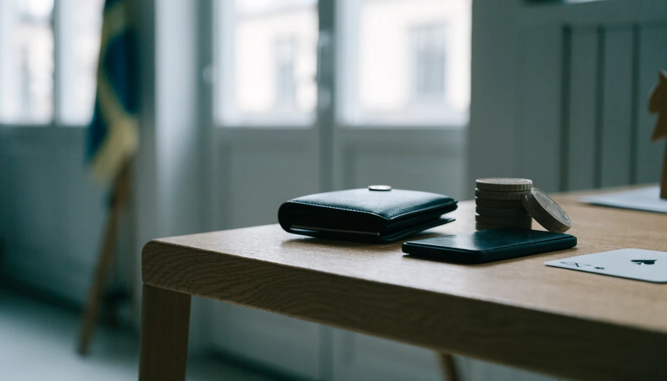 Telefon och plånbok med casinofigurer i skandinavisk inredning