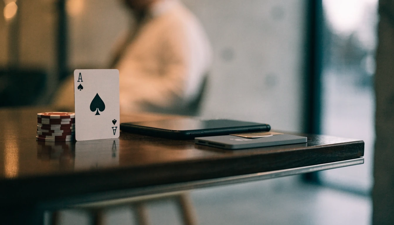 Mobil, e-plånbokskort och casinofigurer på ett nordiskt bord