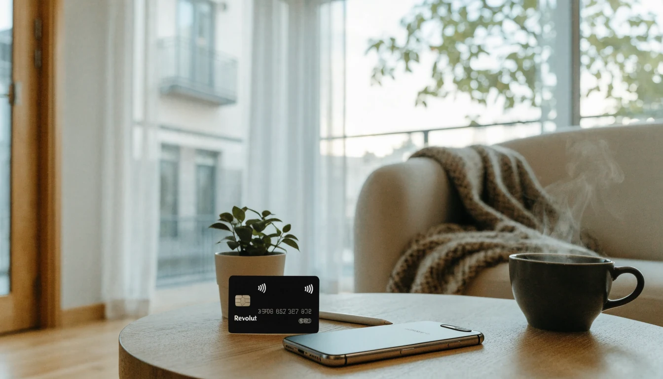 Smartphone och Revolut-kort på soffbord i modernt svenskt hem