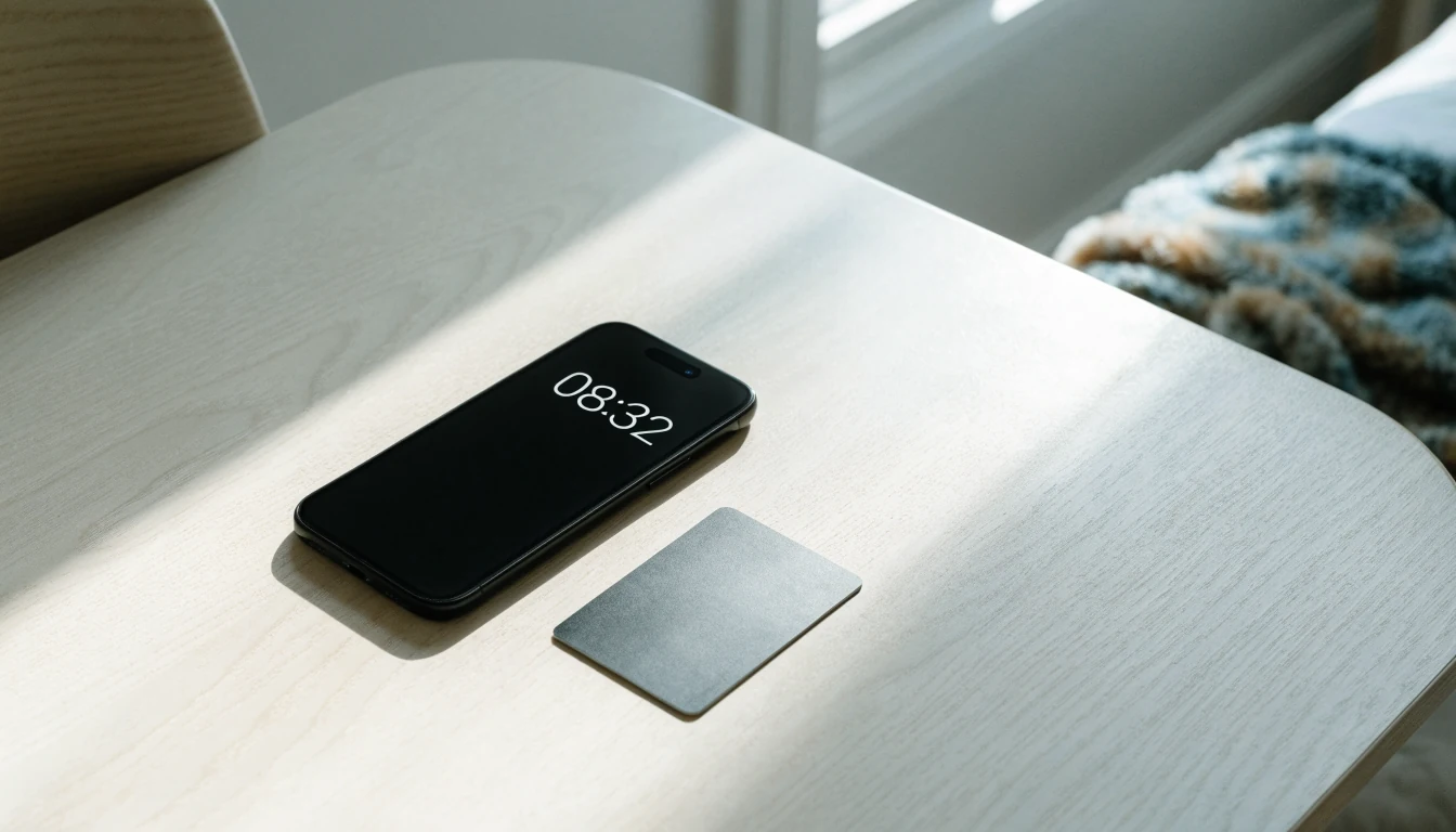 Smarttelefon och betalkort på minimalistiskt skandinaviskt skrivbord