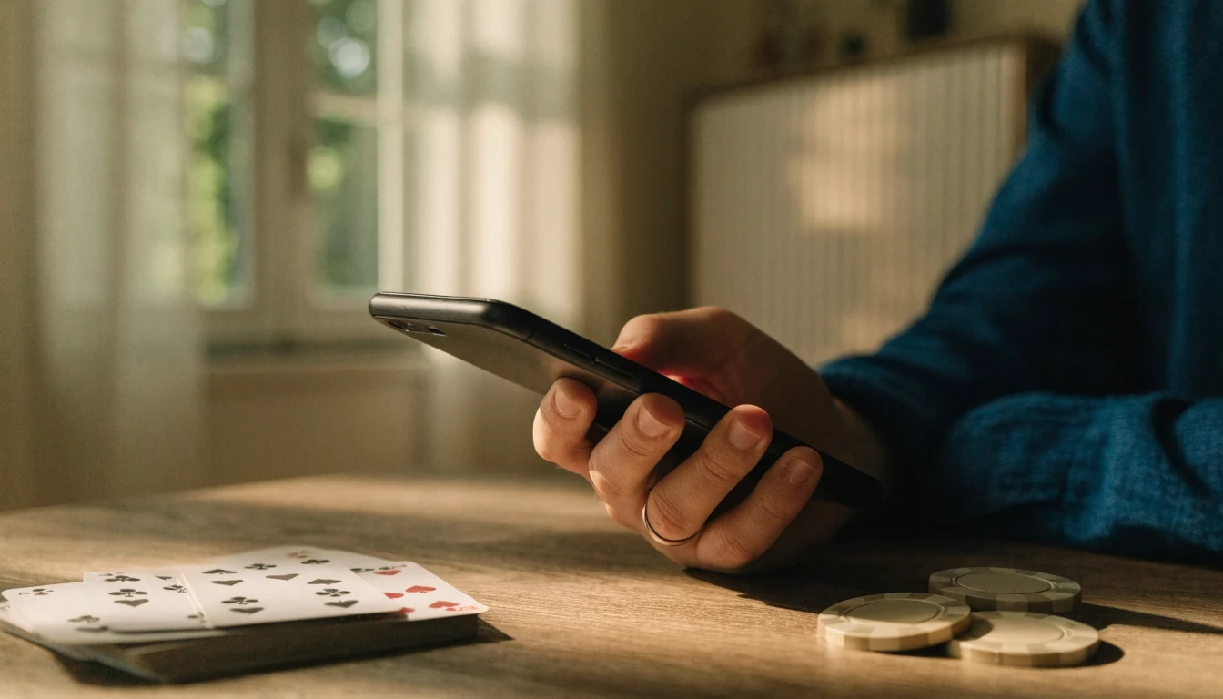 Hand med smartphone och casinofigurer på ett svenskt bord