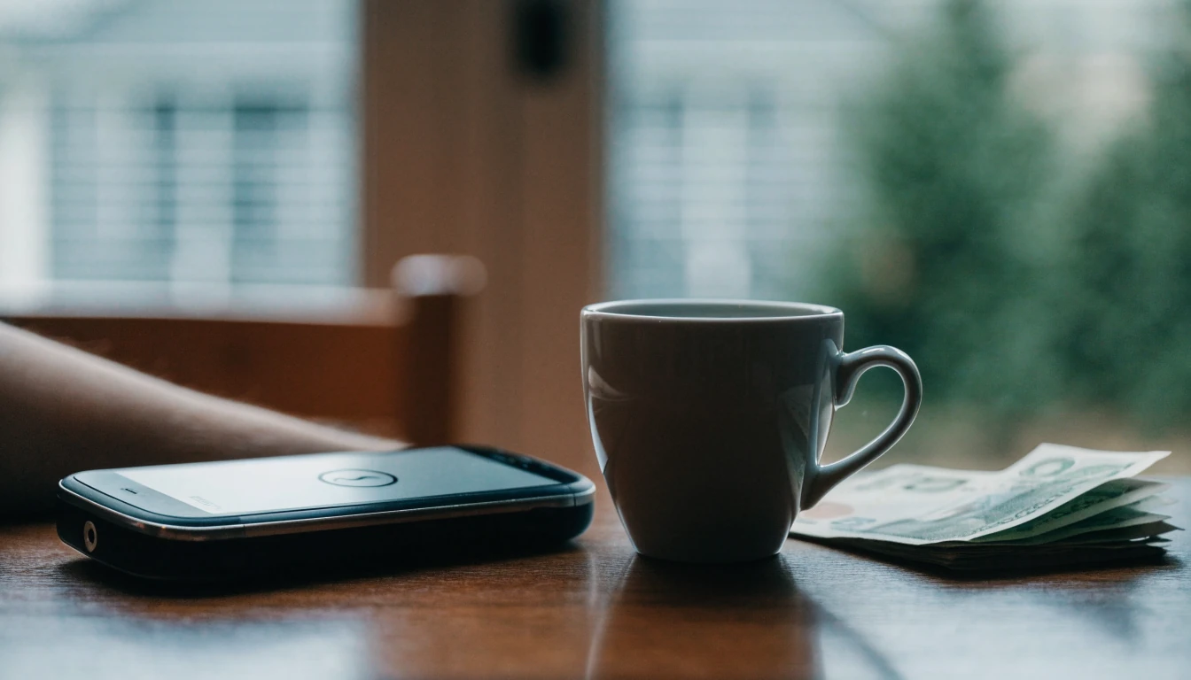 Svensk mobiltelefon vid sidor om kronorsedlar och kaffekopp