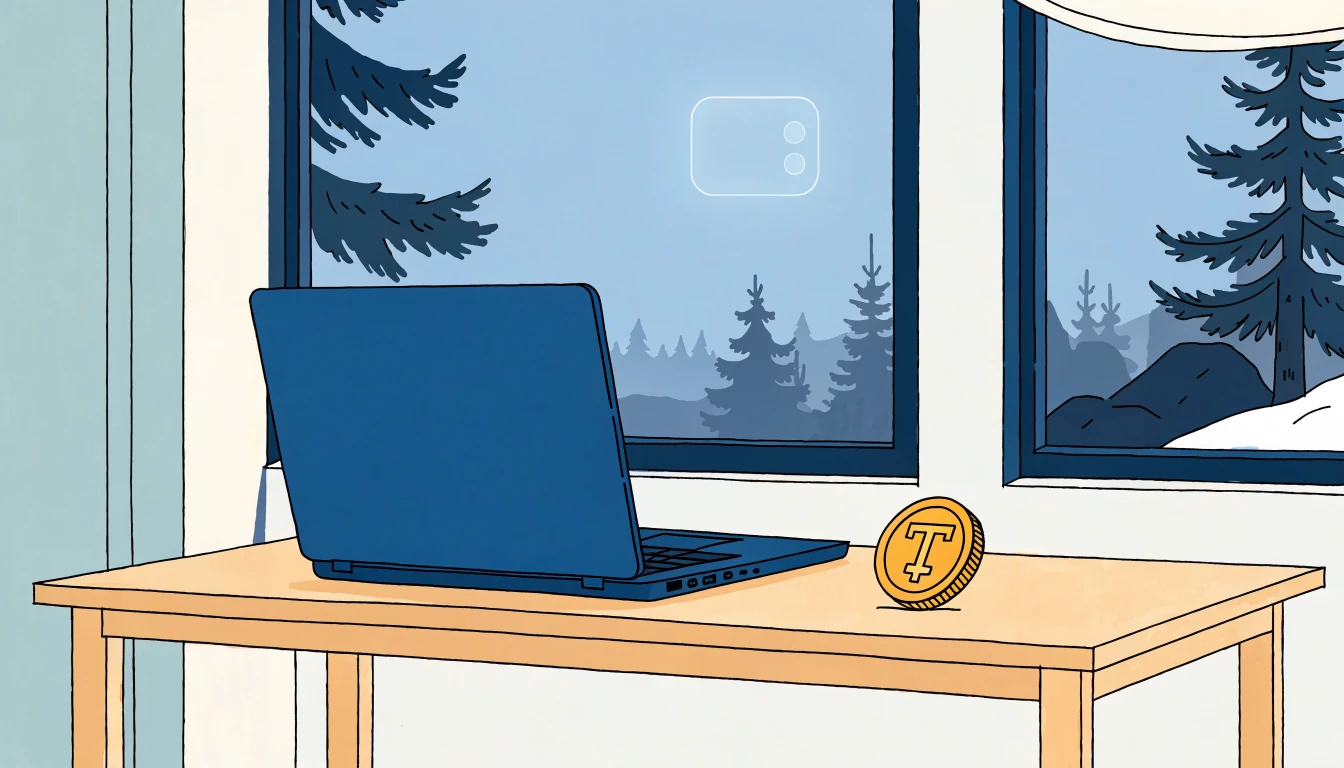 Stilren nordisk skrivbordsscen med laptop och guldmynt som symboliserar kryptobetalning.