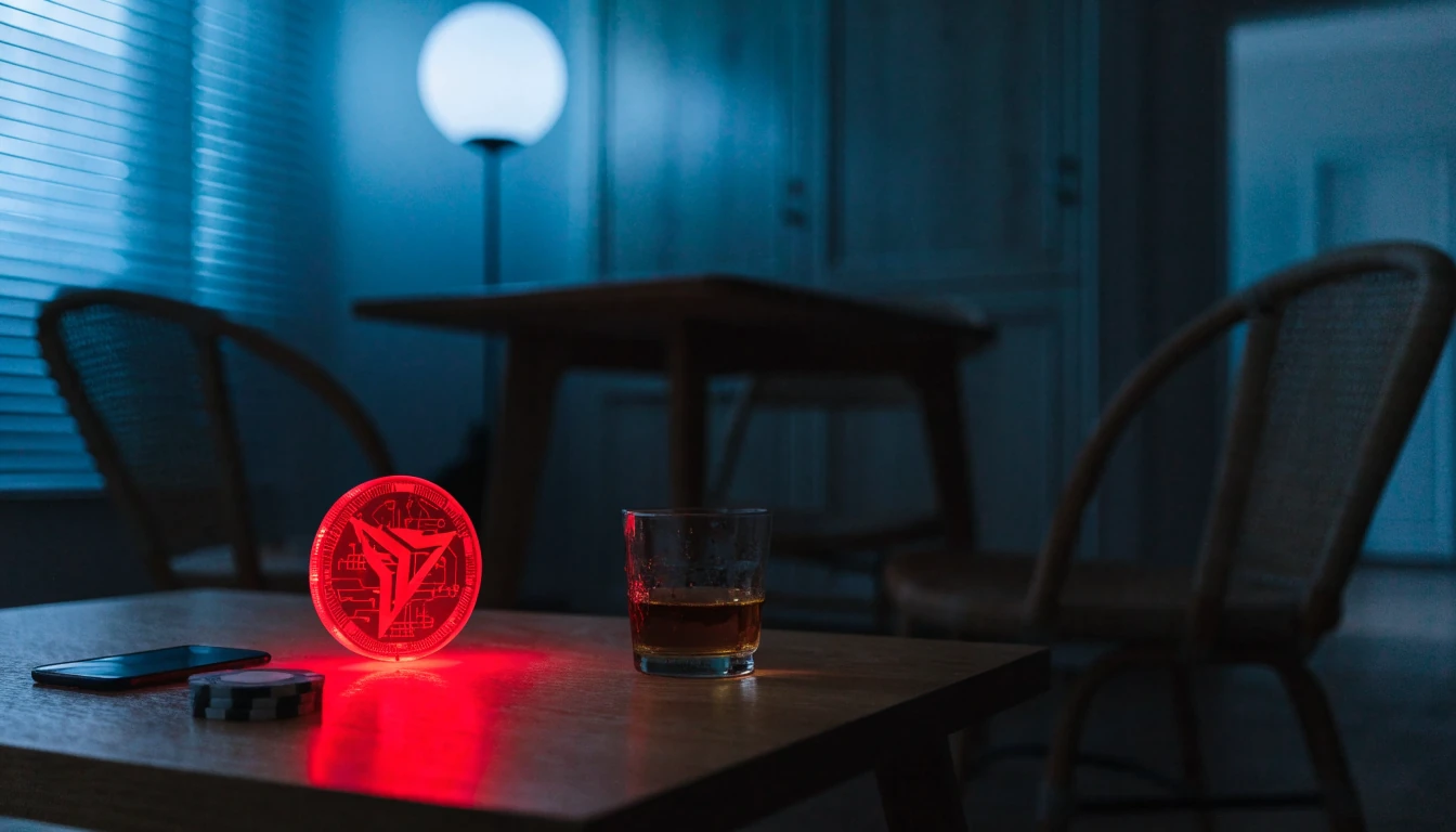 Modern nordisk vardagsrum med en glödande TRON-kryptovaluta på bordet
