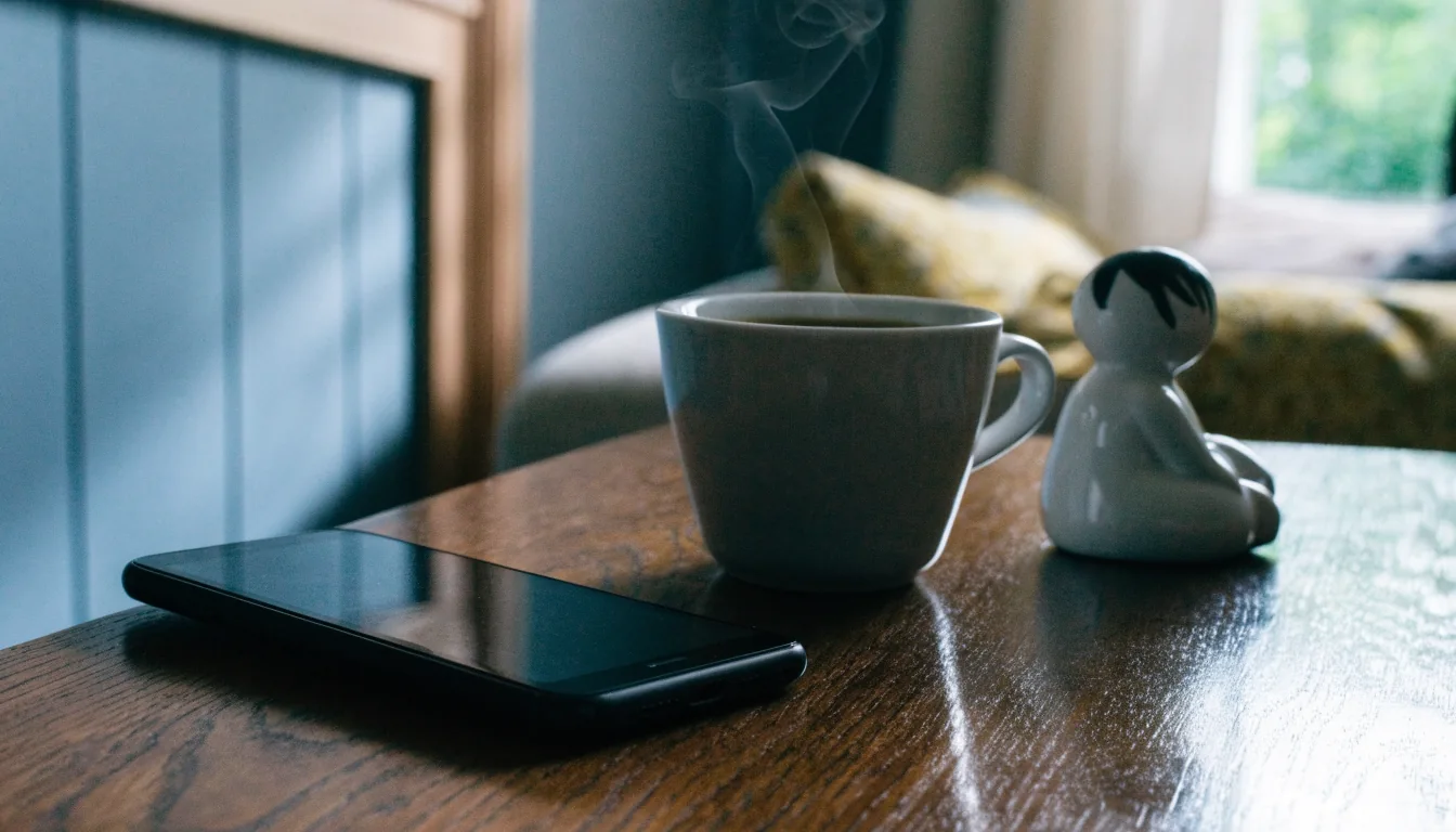 Android-telefon som vilar på ett bord i ett svenskt vardagsrum