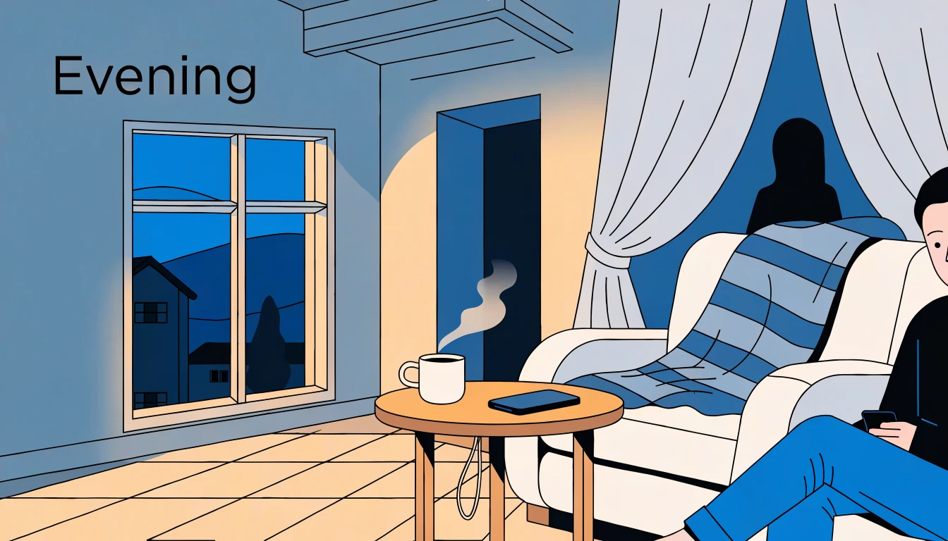 Stiliserad svensk vardagsrumsscen med kvällsstämning och modern telefon