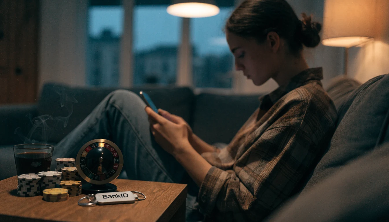 Svensk person i mysig lägenhet med casinofigurer och mobiltelefon