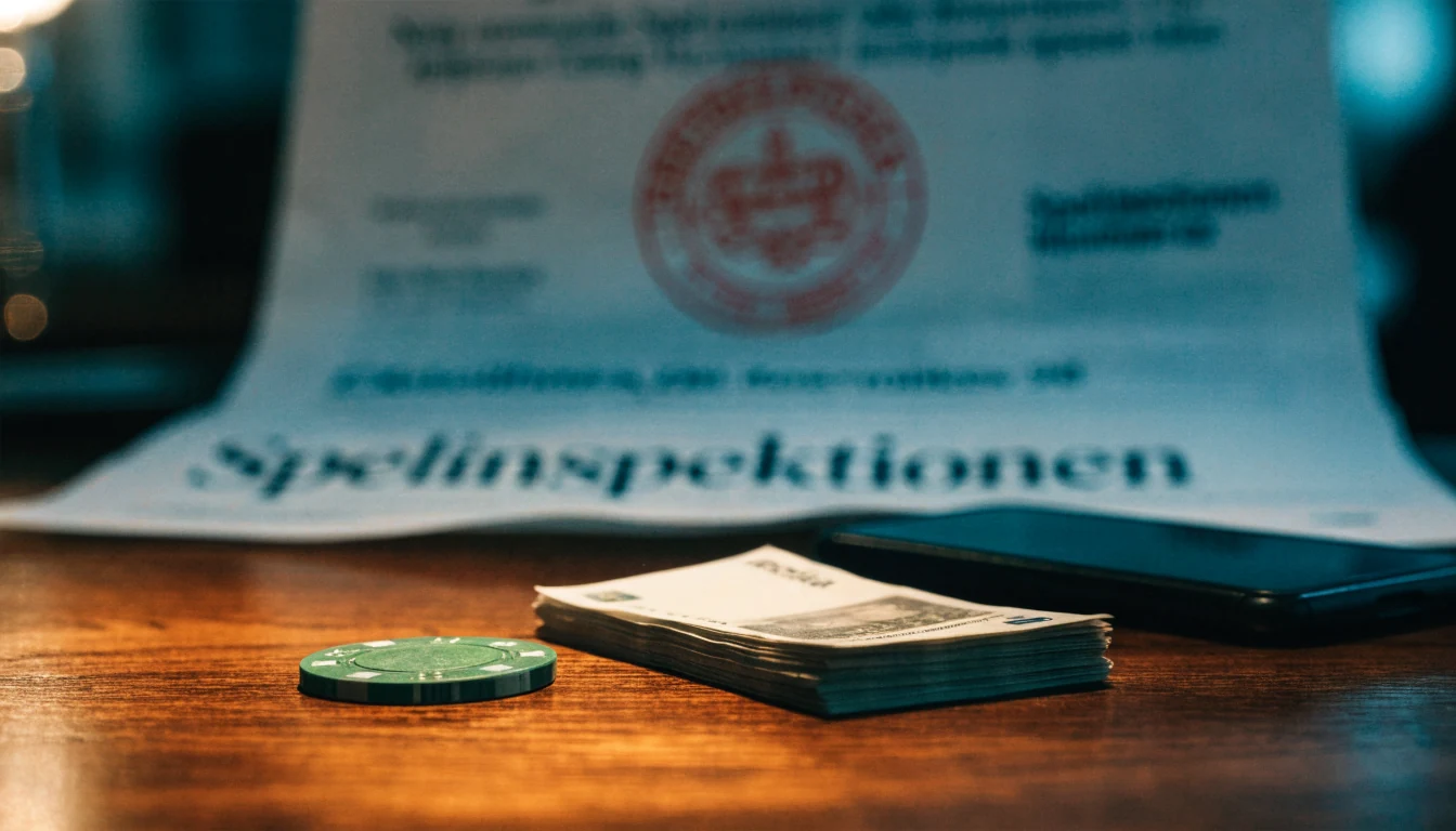 Casinochip och svenska sedlar på träbord nära stämplat dokument