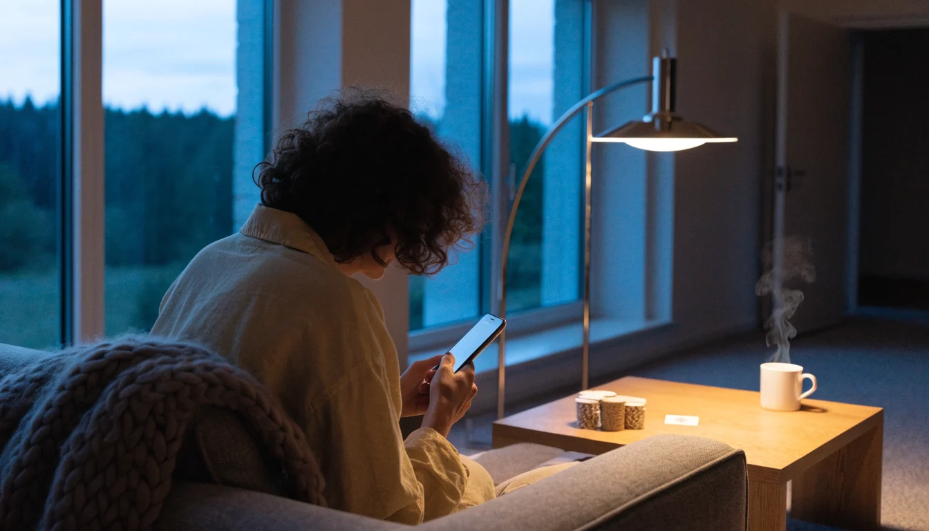 Person i modernt skandinaviskt vardagsrum med mobiltelefon i handen, mjuk kvällsbelysning