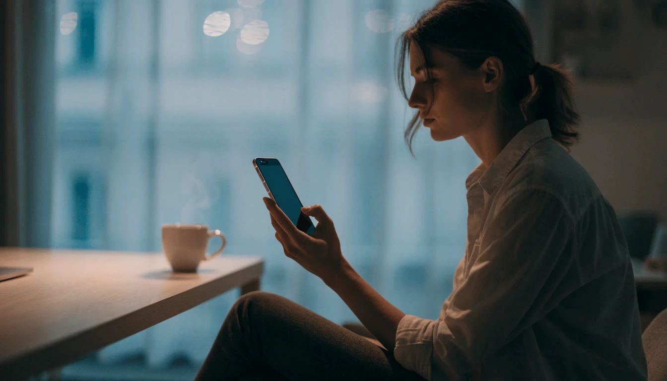 Person som håller en smartphone i en modern svensk lägenhet