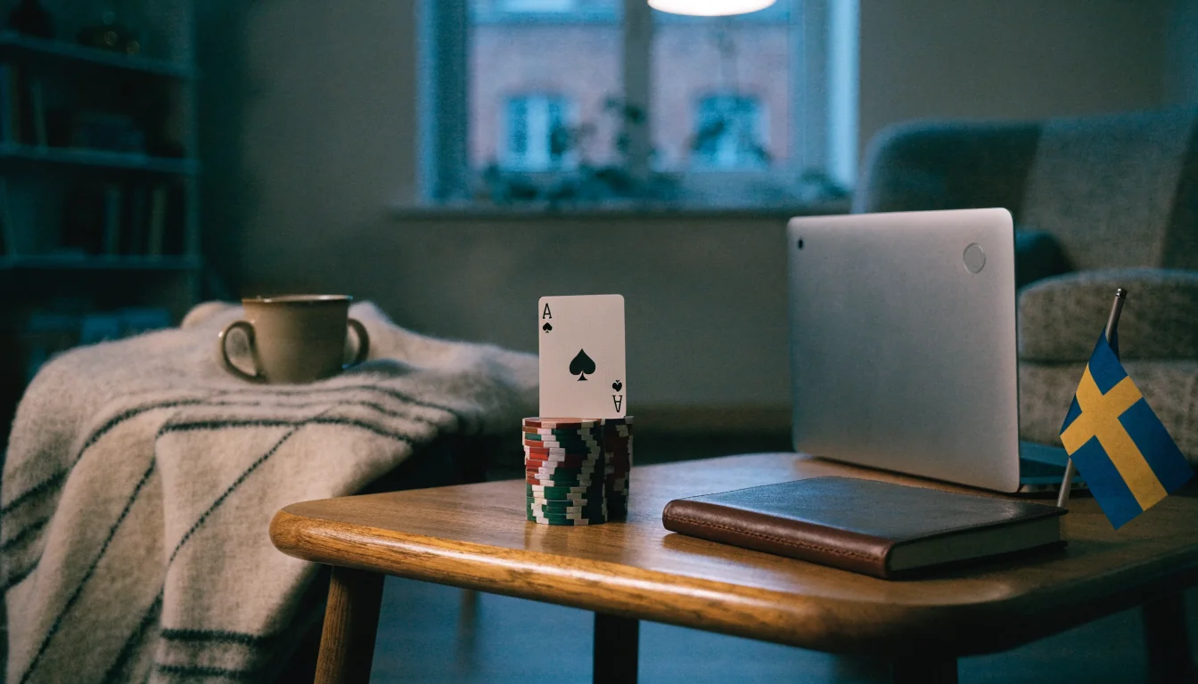 Skandinaviskt vardagsrum med casinoleksaker och stängd laptop