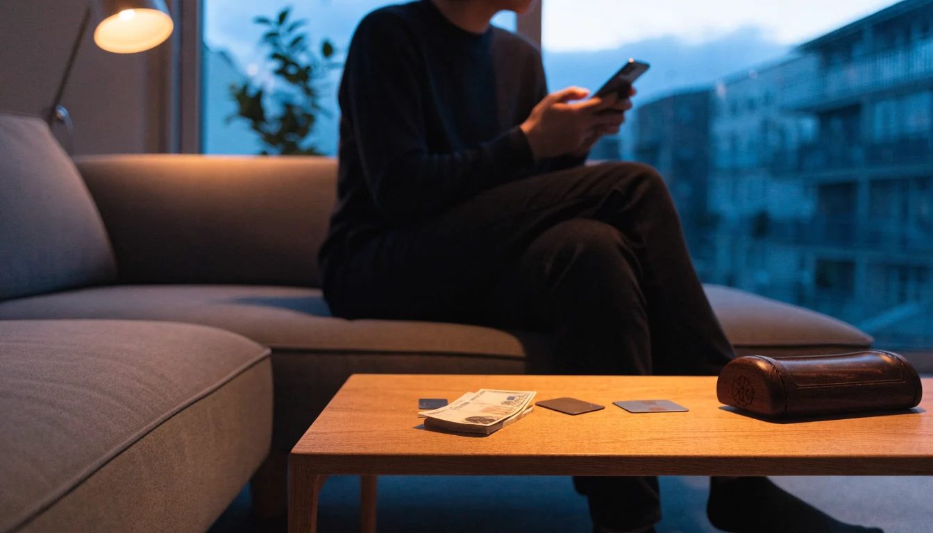 Person med mobiltelefon i modernt svenskt vardagsrum med kronorsedlar och casinomarker