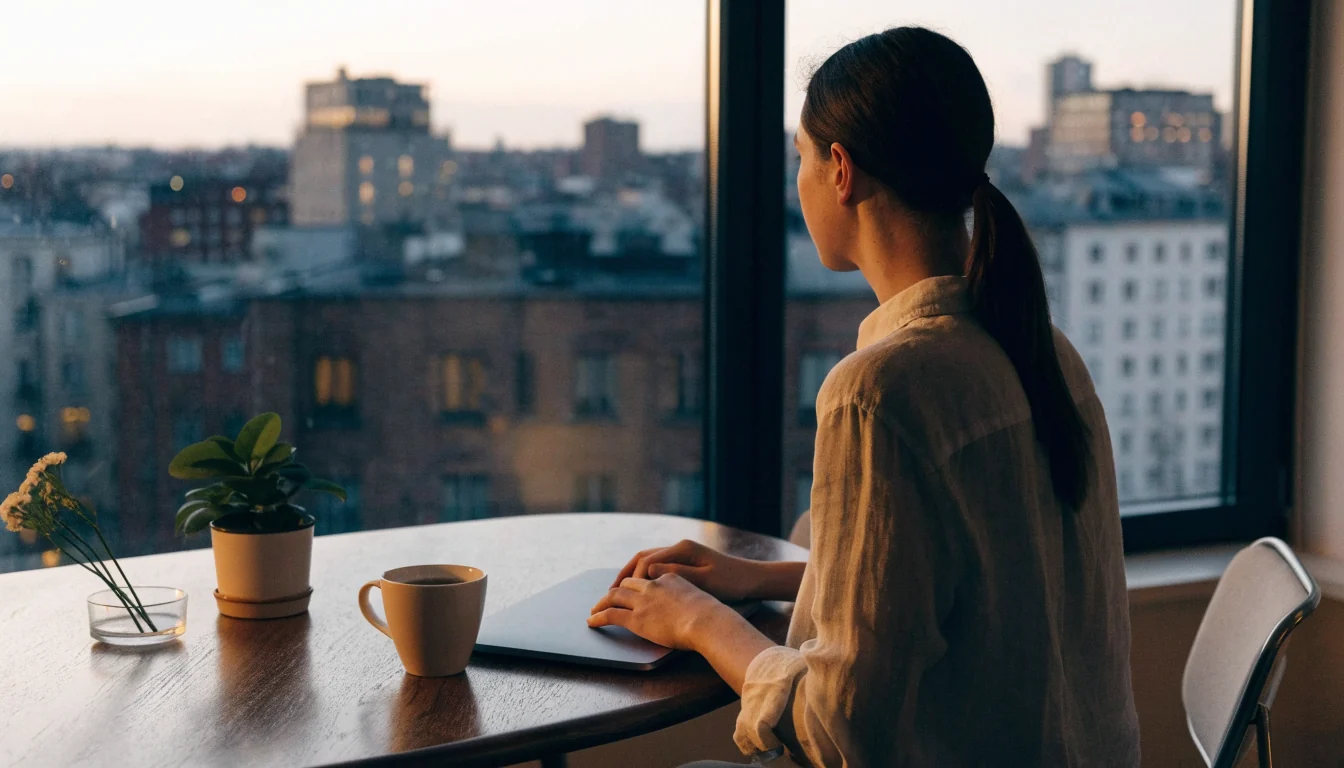 Svensk person vid träbord med stängd laptop och kaffe i modernt vardagsrum